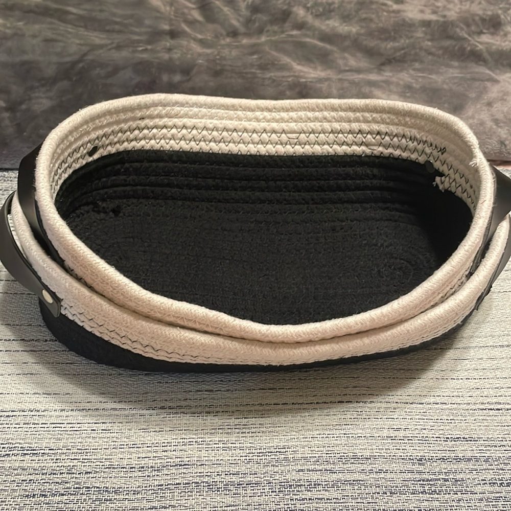 Set of 2 - Coiled Rope Weave Basket w/Faux Leather handles black & white